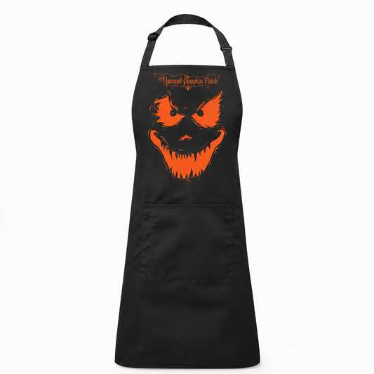 Black scary apron with orange face and Haunted Pumpkin Patch wording above