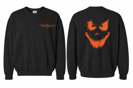 The Haunted Pumpkin Patch Scary Crewneck — Black front and back