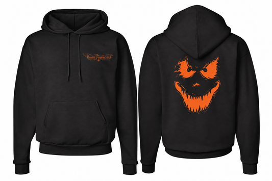 The Haunted Pumpkin Patch Scary Hoodie — Black front and back