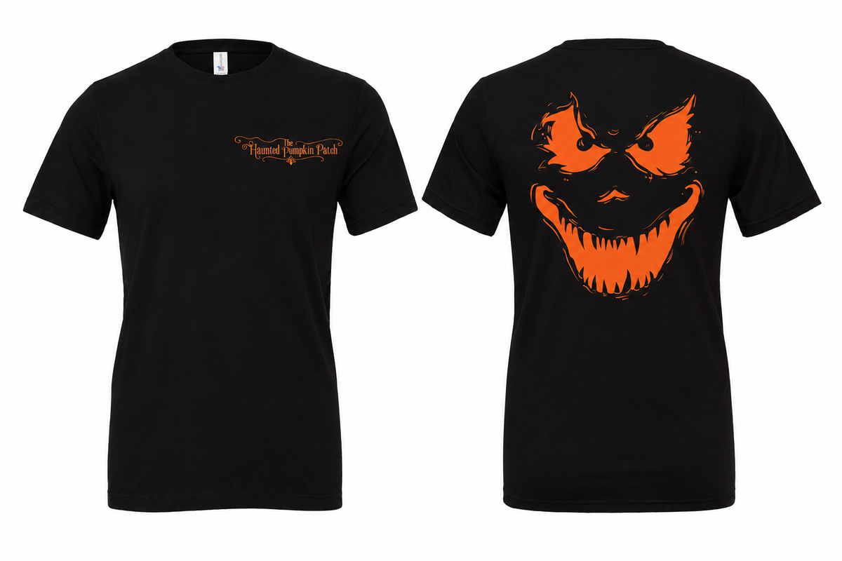 The Haunted Pumpkin Patch Scary T-Shirt — Black front and back